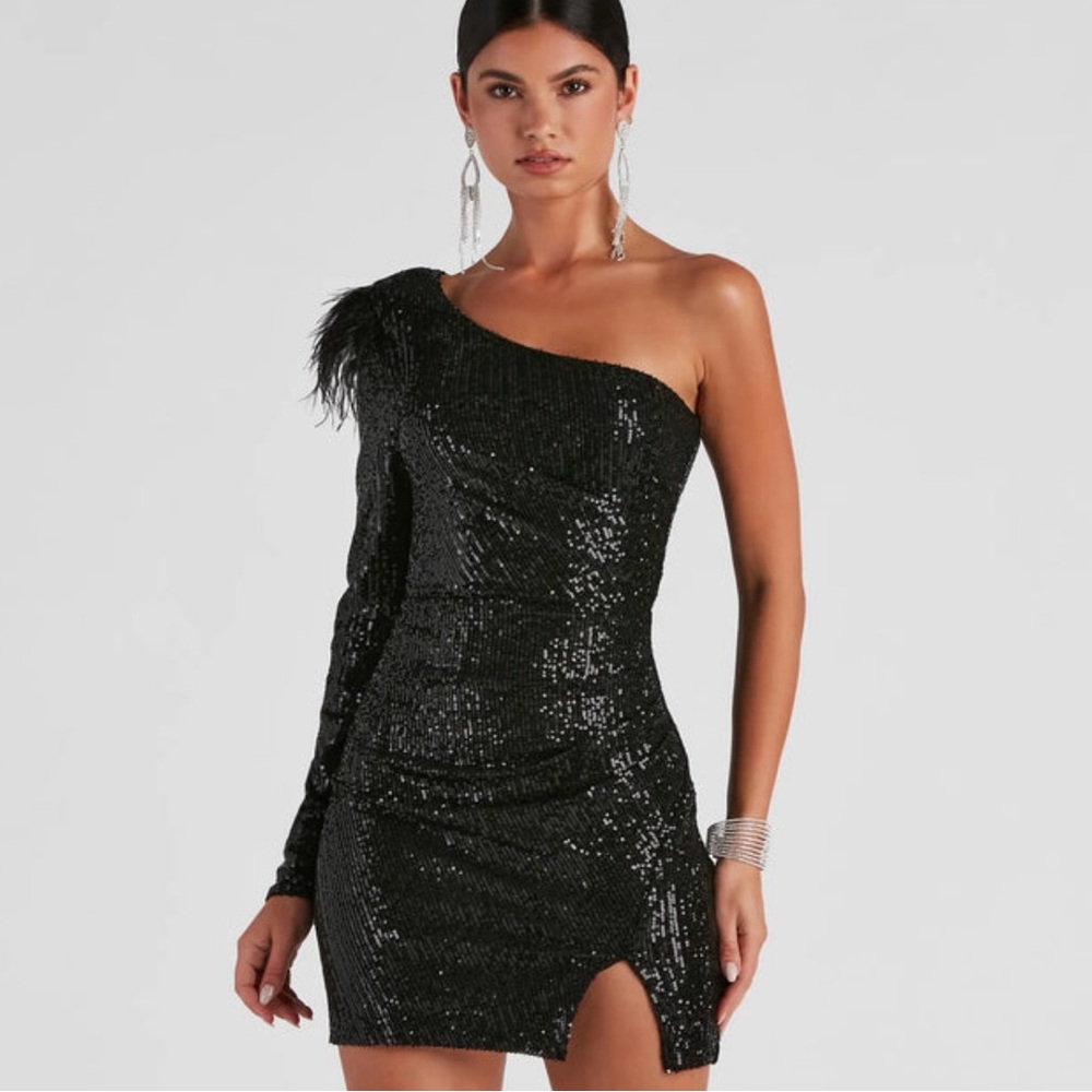 Windsor Black Sequin Asymmetrical Mini Dress - Picture 1 of 6